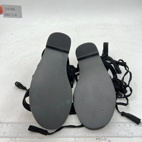 YDN Black Women Sexy Knee High Lace up Flats Fringe Low Heel Gladiator Strap - Picture 7 of 8